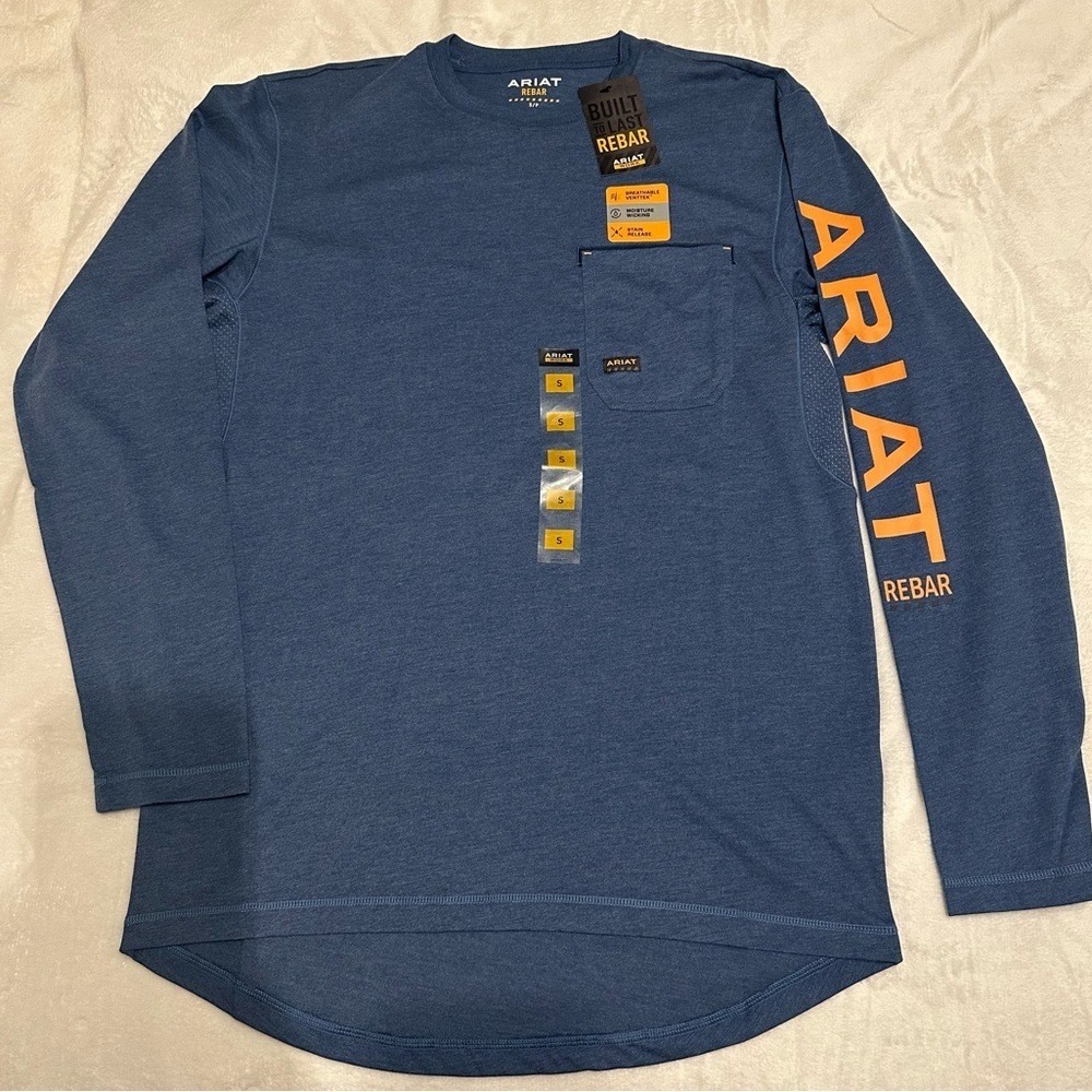 Ariat Men's Rebar Blue Long Sleeve Tee with Orange Logo NWT